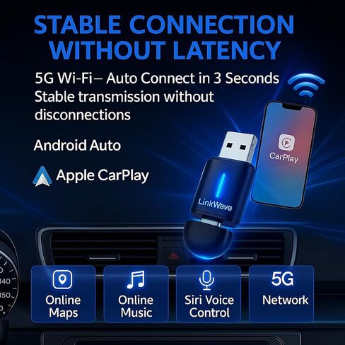 LinkWave Wireless CarPlay and Android Auto Adapter 2025–USB-A and USB-C Plug and Play–Convert Wired CarPlay to Wireless–5G Wi-Fi 3s Fast Bluetooth Connection–Compact Design for iPhone&Android Auto in Saudi Arabia
