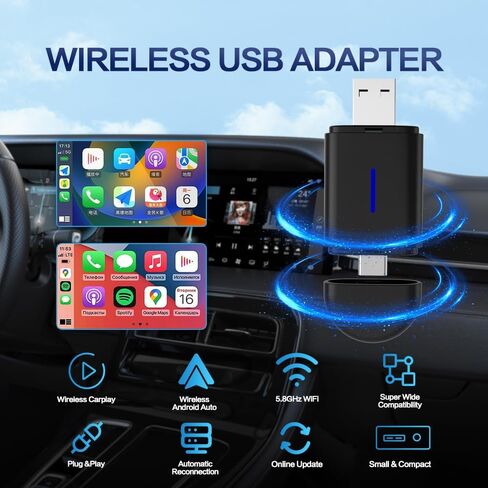 LinkWave Wireless CarPlay and Android Auto Adapter 2025–USB-A and USB-C Plug and Play–Convert Wired CarPlay to Wireless–5G Wi-Fi 3s Fast Bluetooth Connection–Compact Design for iPhone&Android Auto in Saudi Arabia