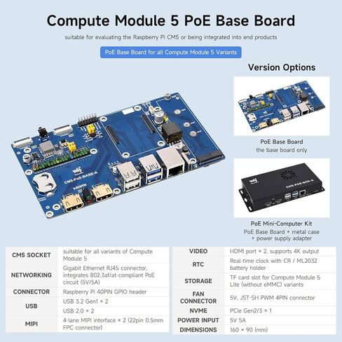 Waveshare Compute Module 5 IO Board+Case ، متوافق مع جميع المتغيرات من Raspberry Pi CM5 ، مع ميزة POE ، حزمة مع لوحة+Case+Power Supply in Saudi Arabia