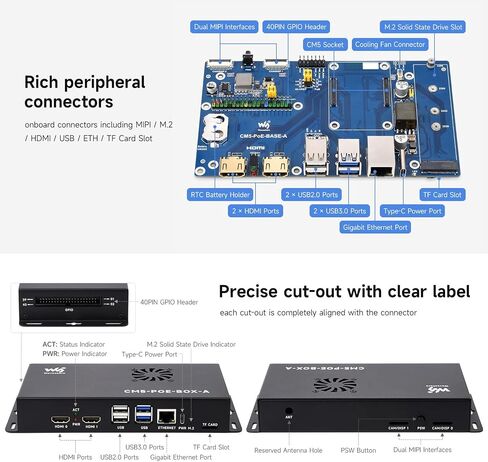 Waveshare Compute Module 5 IO Board+Case ، متوافق مع جميع المتغيرات من Raspberry Pi CM5 ، مع ميزة POE ، حزمة مع لوحة+Case+Power Supply in Saudi Arabia