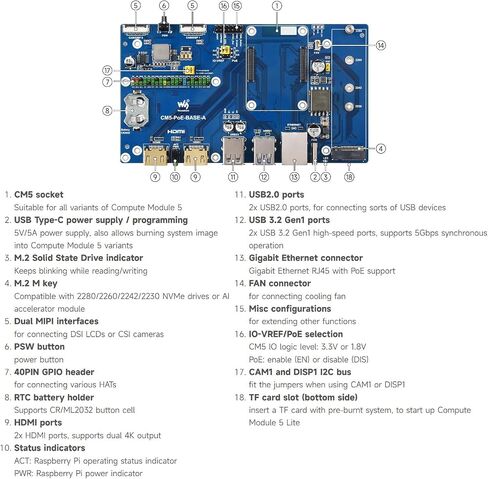 Waveshare Compute Module 5 IO Board+Case ، متوافق مع جميع المتغيرات من Raspberry Pi CM5 ، مع ميزة POE ، حزمة مع لوحة+Case+Power Supply in Saudi Arabia