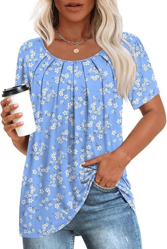 Anymeet 2024 Women's Summer Tunic Top Short Sleeve Casual Tshirts Pleated Loose Blouses for Leggings in Kuwait