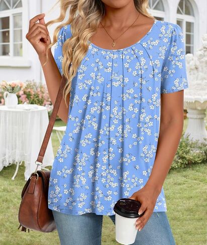 Anymeet 2024 Women's Summer Tunic Top Short Sleeve Casual Tshirts Pleated Loose Blouses for Leggings in Kuwait