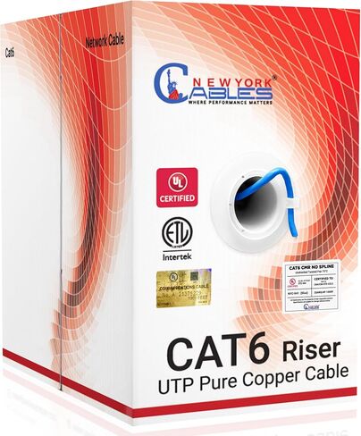 NewYork Cables Cat6 Riser Cable 1000ft Blue | 100 ٪ النحاس النقي النقي UL & ETL مدرج CMR UTP 550MHz 23AWG 4PAIR 10GB POE ++ الأكثر مصدقة عالية السرعة CAT 6 ETHERNET CABLE مربع 1000 قدم للشبكات in Kuwait