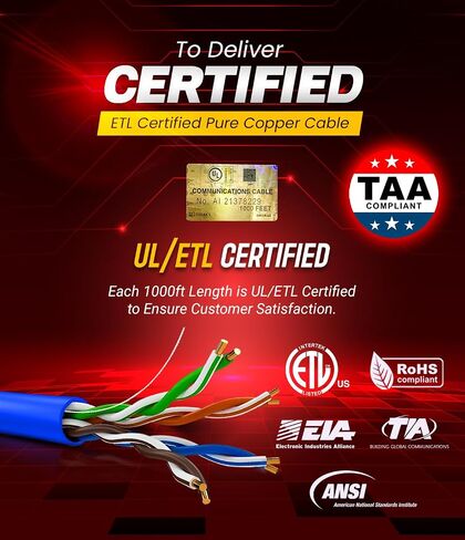 NewYork Cables Cat6 Riser Cable 1000ft Blue | 100 ٪ النحاس النقي النقي UL & ETL مدرج CMR UTP 550MHz 23AWG 4PAIR 10GB POE ++ الأكثر مصدقة عالية السرعة CAT 6 ETHERNET CABLE مربع 1000 قدم للشبكات in Kuwait