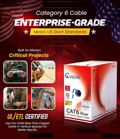 NewYork Cables Cat6 Riser Cable 1000ft Blue | 100 ٪ النحاس النقي النقي UL & ETL مدرج CMR UTP 550MHz 23AWG 4PAIR 10GB POE ++ الأكثر مصدقة عالية السرعة CAT 6 ETHERNET CABLE مربع 1000 قدم للشبكات in Kuwait