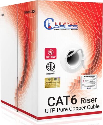 NewYork Cables Cat6 Riser Cable 1000ft Blue | 100 ٪ النحاس النقي النقي UL & ETL مدرج CMR UTP 550MHz 23AWG 4PAIR 10GB POE ++ الأكثر مصدقة عالية السرعة CAT 6 ETHERNET CABLE مربع 1000 قدم للشبكات in Kuwait