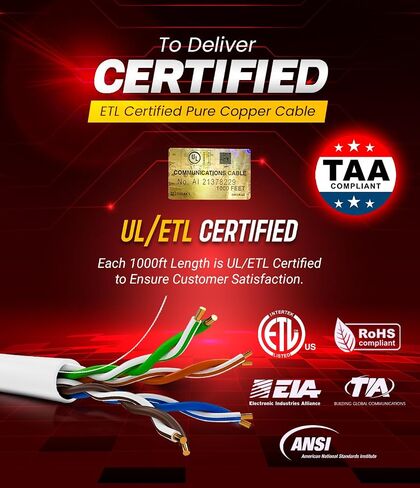 NewYork Cables Cat6 Riser Cable 1000ft Blue | 100 ٪ النحاس النقي النقي UL & ETL مدرج CMR UTP 550MHz 23AWG 4PAIR 10GB POE ++ الأكثر مصدقة عالية السرعة CAT 6 ETHERNET CABLE مربع 1000 قدم للشبكات in Kuwait