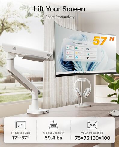 Montek Sleek Aluminium Monitor Arm for 17–57 "شاشات Ultrawide تصل إلى 59 رطلاً ، USB 3.0 A/C ، MAX VESA 100x100 in Kuwait