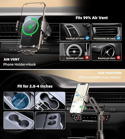Dual Coil 15W Cup Phone Holder Mount,Wireless Car Charger Auto-Clamping Fast Charging Vent Phone Holders for Your Car for iPhone Series,Samsung Flip S25 S24 S23 S22 Ultra in Kuwait