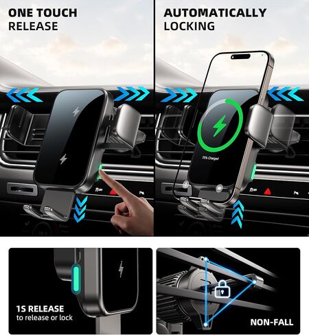 Dual Coil 15W Cup Phone Holder Mount,Wireless Car Charger Auto-Clamping Fast Charging Vent Phone Holders for Your Car for iPhone Series,Samsung Flip S25 S24 S23 S22 Ultra in Kuwait