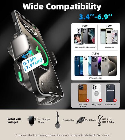 Dual Coil 15W Cup Phone Holder Mount,Wireless Car Charger Auto-Clamping Fast Charging Vent Phone Holders for Your Car for iPhone Series,Samsung Flip S25 S24 S23 S22 Ultra in Kuwait