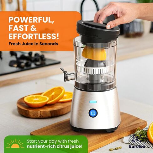 Eurolux Electric Citrus Juicer Stainless Steel | قسط من اليدين خالية من اليدين أحادية اللمسات من عصير البرتقال للبرتقال والليمون والليمون | عملية هادئة ، سهلة التنظيف ، كونترتوب صغيرة الأجهزة المطبخ (متجددة) in Saudi Arabia