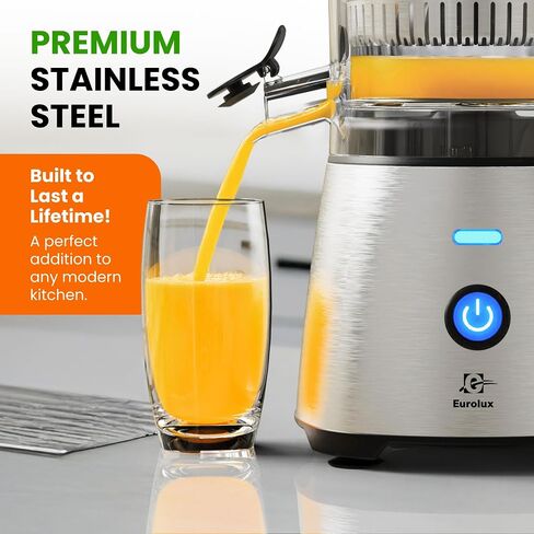 Eurolux Electric Citrus Juicer Stainless Steel | قسط من اليدين خالية من اليدين أحادية اللمسات من عصير البرتقال للبرتقال والليمون والليمون | عملية هادئة ، سهلة التنظيف ، كونترتوب صغيرة الأجهزة المطبخ (متجددة) in Saudi Arabia