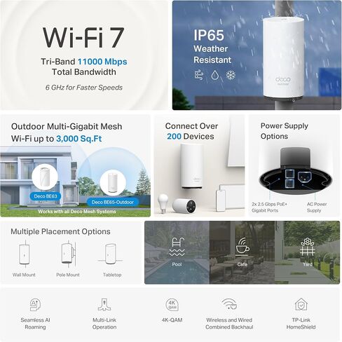 TP-Link BE11000 Tri-Band Wi-Fi 7 Outdoor Mesh Extender Deco BE65-Outdoor | Up to 3,000 sq.ft, 2*2.5G PoE+ Ports, IP65 Waterproof | Multiple Mount Options | 6 GHz, MLO, Homeshield, 320 MHz, AI-Roaming in Saudi Arabia