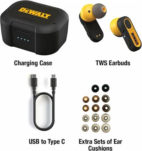 DEWALT True Wireless Bluetooth Earbuds — TWS Bluetooth Headphones — Wireless Earbuds with Type C Charging Case — Waterproof Wireless Earphones — Jobsite Pro-X1 Premium Sound for Outdoor Work in Saudi Arabia