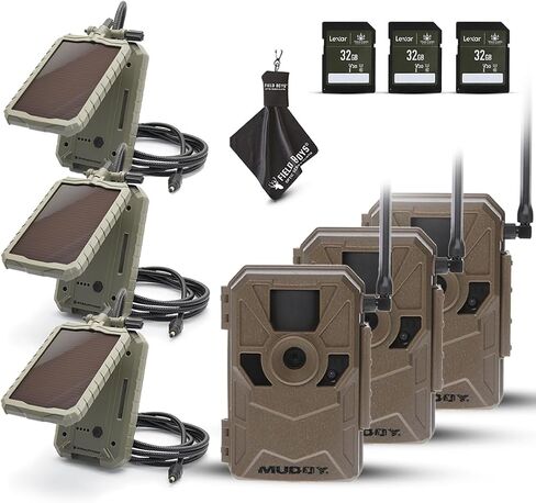MUDDY Merge 3-Pack Cellular Trail Cameras – 26MP, LTE Dual SIM, Color Night Vision, App Control – Includes 3 Cameras for Ultimate Coverage, Solar Panels, SD Cards, and Cleaning Cloth (3PK) in Saudi Arabia
