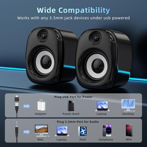 Desktop Speakers,Computer Speakers for Desktop PC,Desktop Gaming Speakers,Small Computer Speakers USB Powered 3.5mm Aux Speaker for PC,Laptop,Tablet,Monitor,Phone, Black in Kuwait