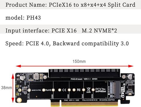 PH43 PCIE4.0 x16 إلى X8 x4 x4 split expression card dual NVME محول متوافق مع M.2 NVME 2230 2242 2260 2280 22110 SSD in Saudi Arabia