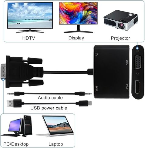 New VGA to HDMI+VGA Adapter for Dual Monitors, VGA to HDMI Adapter Splitter 2 in 1,1080P@60HZ Full HD Display Video Converter for PC Laptop Link Monitor/HDTV/Projector in Kuwait