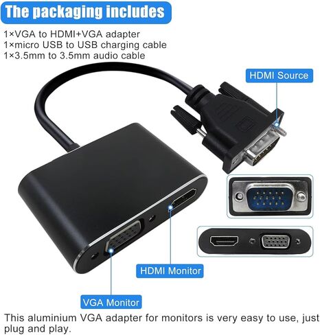 New VGA to HDMI+VGA Adapter for Dual Monitors, VGA to HDMI Adapter Splitter 2 in 1,1080P@60HZ Full HD Display Video Converter for PC Laptop Link Monitor/HDTV/Projector in Kuwait