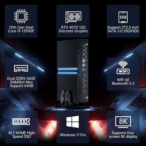 Thdeukoty mini gaming pc i9-13900f with geforce rtx4070 ، mini game desktop computer 64g ddr5 ram 2t ssd ، windows 11 pro ، wifi6e bt5.3 ، optical ، 1* hdmi 3* dp ، 8k ، أربعة عرض للألعاب/التصميم in Kuwait