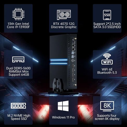 Thdeukoty Mini Gaming PC i9-13900F with GeForce RTX4070, Mini Game Desktop Computer 32G DDR5 RAM 1T SSD, Windows 11 Pro, WiFi6E BT5.3, Optical, 1* HDMI 3* DP, 8K, Four Display for Gaming/Design in Saudi Arabia