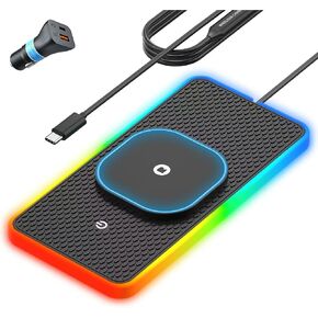 RGB Wireless Car Charging Pad for Magsafe, REESTECQI 15W LED Magnetic Wireless Charger for Car Non Slip Type C Charging Mat with 40W Car Charger Compatible with iPhone 16-12, Airpods (30CM Cable) in Saudi Arabia