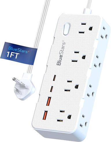 سلك امتداد قصير 1 قدم - 8 منافذ قطاع الطاقة المسطحة المسطح واقي مع 4 USB (5 فولت 3.4A 17W) ، فاصل مخرج الجدار متعدد المواقع ، محطة شحن المكتب للتشاميكات في المكتب المنزلي. in Kuwait