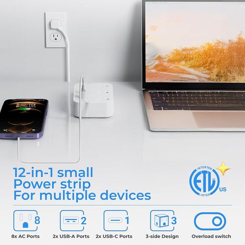 سلك امتداد قصير 1 قدم - 8 منافذ قطاع الطاقة المسطحة المسطح واقي مع 4 USB (5 فولت 3.4A 17W) ، فاصل مخرج الجدار متعدد المواقع ، محطة شحن المكتب للتشاميكات في المكتب المنزلي. in Kuwait