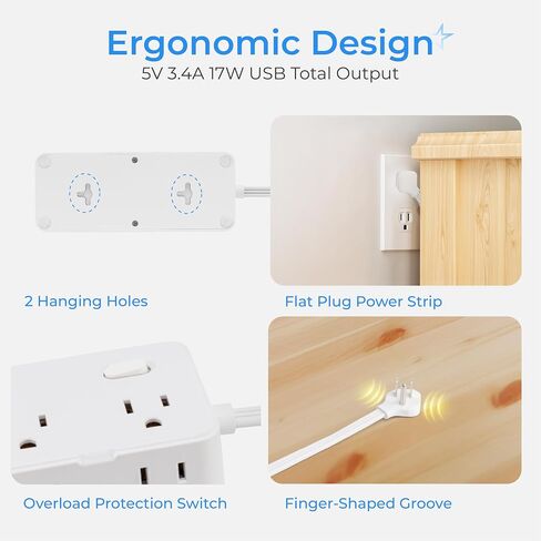 سلك امتداد قصير 1 قدم - 8 منافذ قطاع الطاقة المسطحة المسطح واقي مع 4 USB (5 فولت 3.4A 17W) ، فاصل مخرج الجدار متعدد المواقع ، محطة شحن المكتب للتشاميكات في المكتب المنزلي. in Kuwait