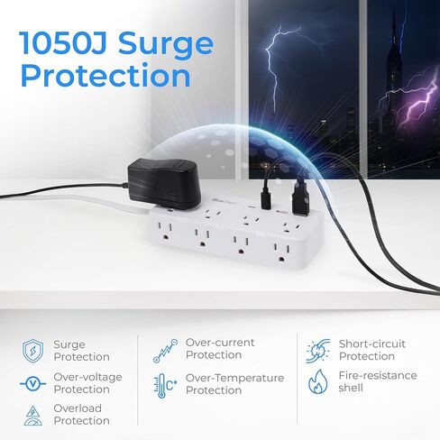 سلك امتداد قصير 1 قدم - 8 منافذ قطاع الطاقة المسطحة المسطح واقي مع 4 USB (5 فولت 3.4A 17W) ، فاصل مخرج الجدار متعدد المواقع ، محطة شحن المكتب للتشاميكات في المكتب المنزلي. in Kuwait