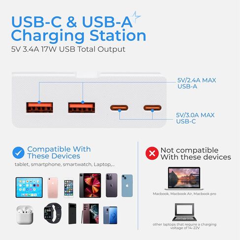 سلك امتداد قصير 1 قدم - 8 منافذ قطاع الطاقة المسطحة المسطح واقي مع 4 USB (5 فولت 3.4A 17W) ، فاصل مخرج الجدار متعدد المواقع ، محطة شحن المكتب للتشاميكات في المكتب المنزلي. in Kuwait