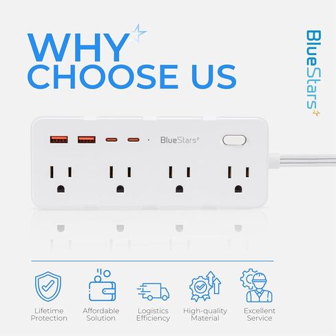 سلك امتداد قصير 1 قدم - 8 منافذ قطاع الطاقة المسطحة المسطح واقي مع 4 USB (5 فولت 3.4A 17W) ، فاصل مخرج الجدار متعدد المواقع ، محطة شحن المكتب للتشاميكات في المكتب المنزلي. in Kuwait