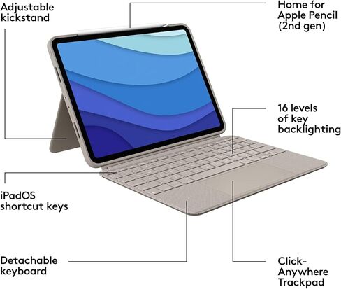 Logitech Combo Touch iPad Pro 11 بوصة (1 ، 2 ، 3 ، 4th Gen - 2018 ، 2020 ، 2021 ، 2022) حالة لوحة المفاتيح - الرمال ؛ تخطيط الولايات المتحدة الأمريكية (متجدد) in Kuwait