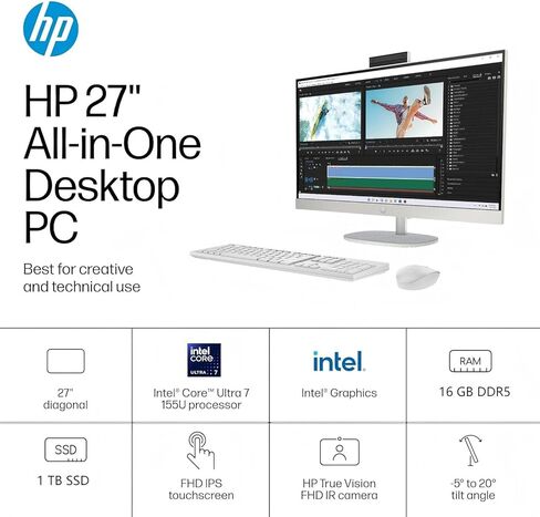 HP All in One Computer Computer Touchscreen ، Intel Ultra 7-155U (حتى 4.8 جيجا هرتز) ، 27 "FHD IPS شاشة تعمل باللمس ، 16 جيجابايت DDR5 ، 1 تيرابايت SSD ، زاوية قابلة للتعديل ، Wi-Fi 6 ، Ethernet ، Windows 11 Pro ، W/Accessories in Saudi Arabia