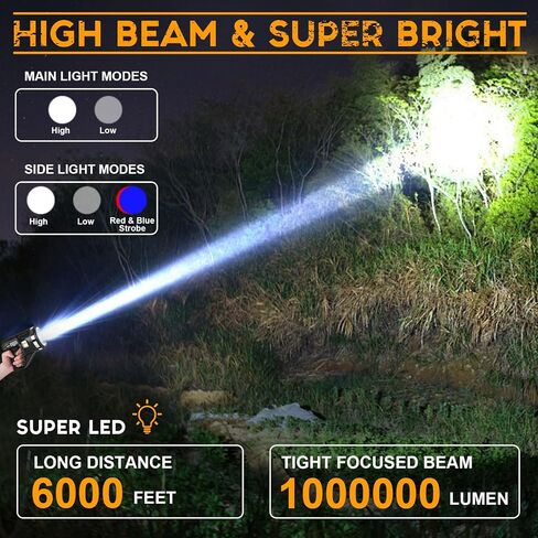Lightlight 1000000 Lumens ، 6 أوضاع فائقة مصباح يدوي مصباح Super Bright LED مع ضوء خبز ، ثلاثي القوائم ثلاثية المعدلة ، 15000 مللي أمبير في الساعة 18 ساعة IPX7 مصابيح ماء مقاومة للماء في الهواء الطلق ، L. in Kuwait