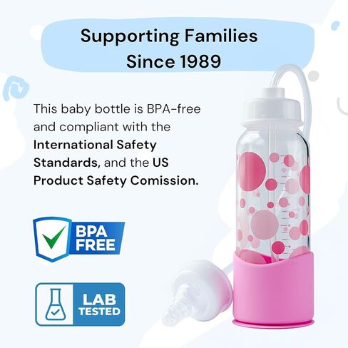 Hands-Free Baby Bottle - Anti-Colic Nursing System 7 oz Glass Baby Bottle with Fast Flow Nipple/Teat 3m+ with Tube Straw Feeding System for Toddler (1 Bottle - Blue) in Saudi Arabia