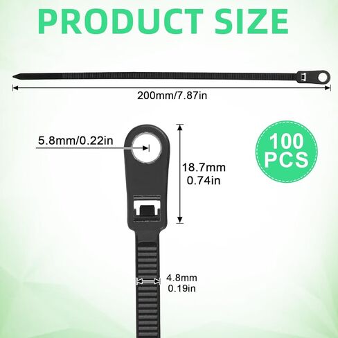100 PCS Black Zip Ties with Screw Hole, 7.8 Inch Multipurpose Heavy Duty Nylon Zip Tie Mountable head Cable Ties Straps Cable Cord Management for Indoor Outdoor Office Home in Saudi Arabia