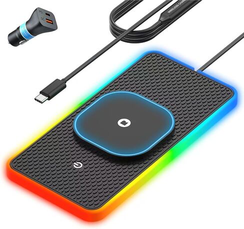 RGB Wireless Car Charging Pad for Magsafe, REESTECQI 15W LED Magnetic Wireless Charger for Car Non Slip Type C Charging Mat with 40W Car Charger Compatible with iPhone 16-12, Airpods (30CM Cable) in Kuwait