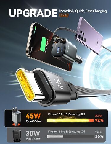 Retractable Car Charger 84W Car Charger USB C for iPhone 16 17 Pro Max Fast Charging [PD45W Dual Type C Cables] Car Accessories Cigarette Lighter Adapter for iPhone 17 Air 16 15 Pro Max, Samsung S25 in Saudi Arabia