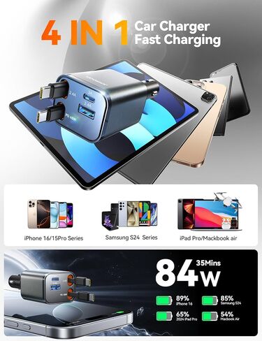 Retractable Car Charger 84W Car Charger USB C for iPhone 16 17 Pro Max Fast Charging [PD45W Dual Type C Cables] Car Accessories Cigarette Lighter Adapter for iPhone 17 Air 16 15 Pro Max, Samsung S25 in Saudi Arabia