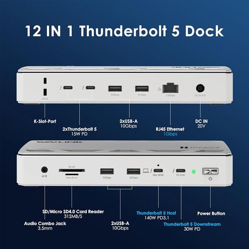 WAVLINK Thunderbolt 5 Docking Station, 12-in-1 Thunderbolt 5 Dock with 120Gbps Max Transfer, 140W PD, 2.5G Ethernet Port, 4X USB-A 3.2 Gen 2, SD 4.0, 8K Display for Thunderbolt 5/4 Laptops in Saudi Arabia