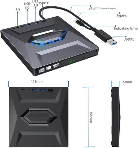 مسجل محرك أقراص ضوئي 5-in-1 CD DVD خارجية مشغل DVD USB3.0/TYPE-C مع محور USB وقارئ توسيع Card-Inseristable لجهاز الكمبيوتر المحمول Windows Mac Linux in Kuwait