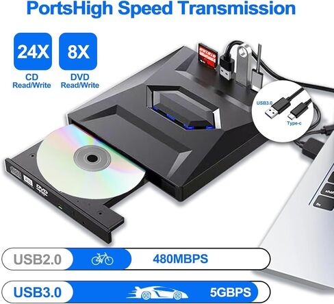 مسجل محرك أقراص ضوئي 5-in-1 CD DVD خارجية مشغل DVD USB3.0/TYPE-C مع محور USB وقارئ توسيع Card-Inseristable لجهاز الكمبيوتر المحمول Windows Mac Linux in Kuwait