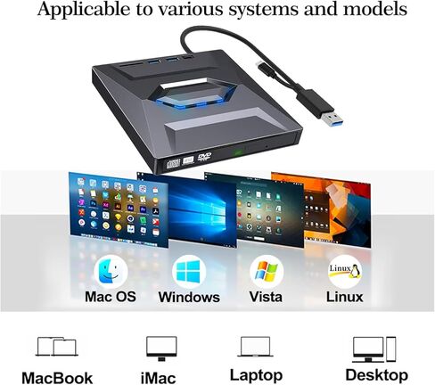مسجل محرك أقراص ضوئي 5-in-1 CD DVD خارجية مشغل DVD USB3.0/TYPE-C مع محور USB وقارئ توسيع Card-Inseristable لجهاز الكمبيوتر المحمول Windows Mac Linux in Kuwait