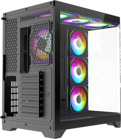 PC Gaming ATX Case Iceberg Crystal Edge Full Panoramic View Three Sides Pridged Glass Window مع سبعة مراوح عالية الأداء ARGB (أسود) in Kuwait