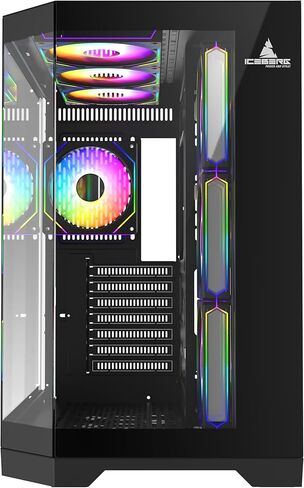 PC Gaming ATX Case Iceberg Crystal Edge Full Panoramic View Three Sides Pridged Glass Window مع سبعة مراوح عالية الأداء ARGB (أسود) in Kuwait
