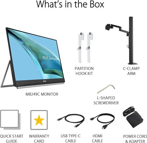 ASUS ZenScreen 24" 1080P Portable USB Monitor (MB249C) - FHD, IPS, Type-C, Speaker, Multi-stand Design, Kickstand, C-clamp Arm, Partition Hook, Carrying Handle, Work From Home Monitor, 3-Year Warranty in Saudi Arabia
