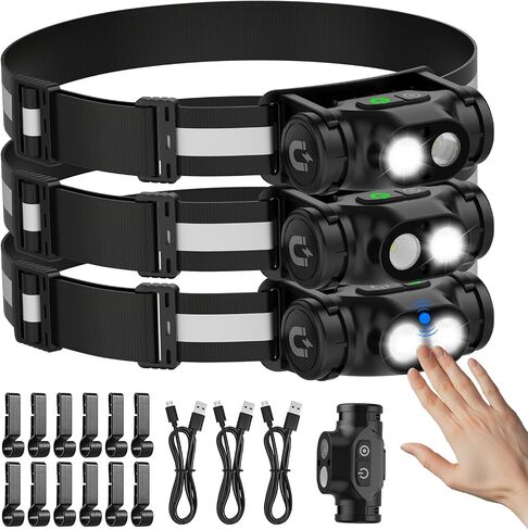 Rechargeable Headlamp 3PCS, High Lumens Bright Head Lamp Led with Motion Sensor, 4 Modes, Magnet, Detachable Flashlight & Headband for Adult,Running,Outdoor,Emergency,Hard Hat Light in Kuwait